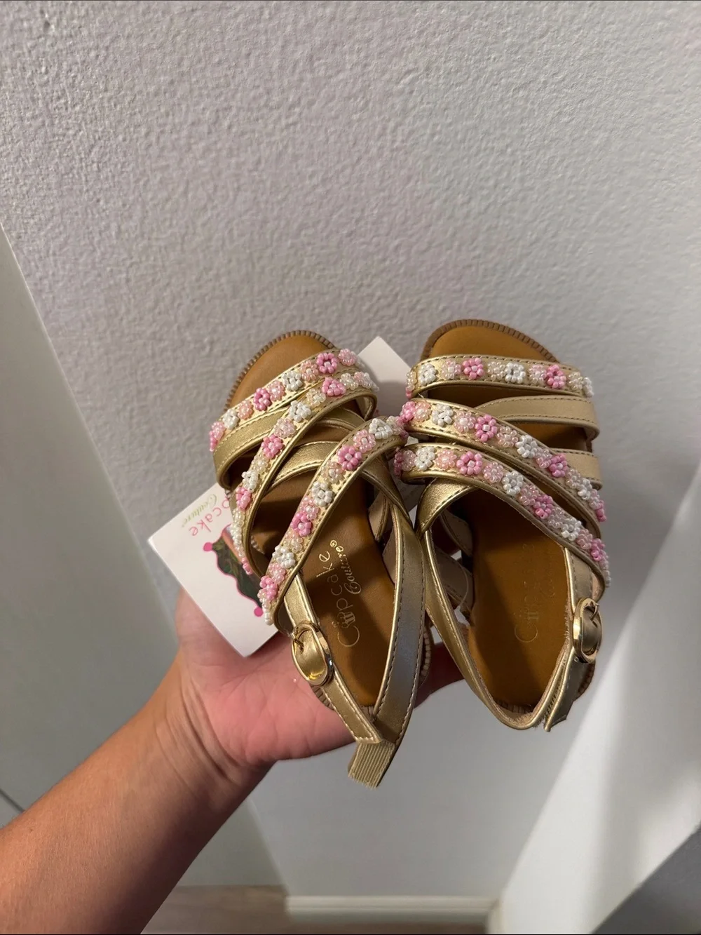 Girls' Gold Sandals with Pink & White Beaded Straps